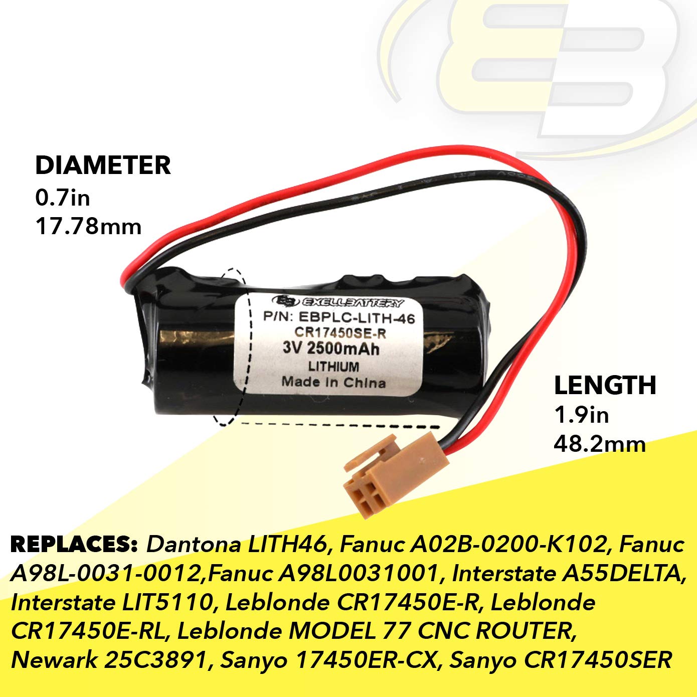 3V PLC Computer Backup Battery Replaces LIT5110, CR17450E-R, CR17450E-RL, 77 CNC Router, 25C3891, 17450ER-CX, CR17450SER, CNC 16i, 18i, 21i, 160i…