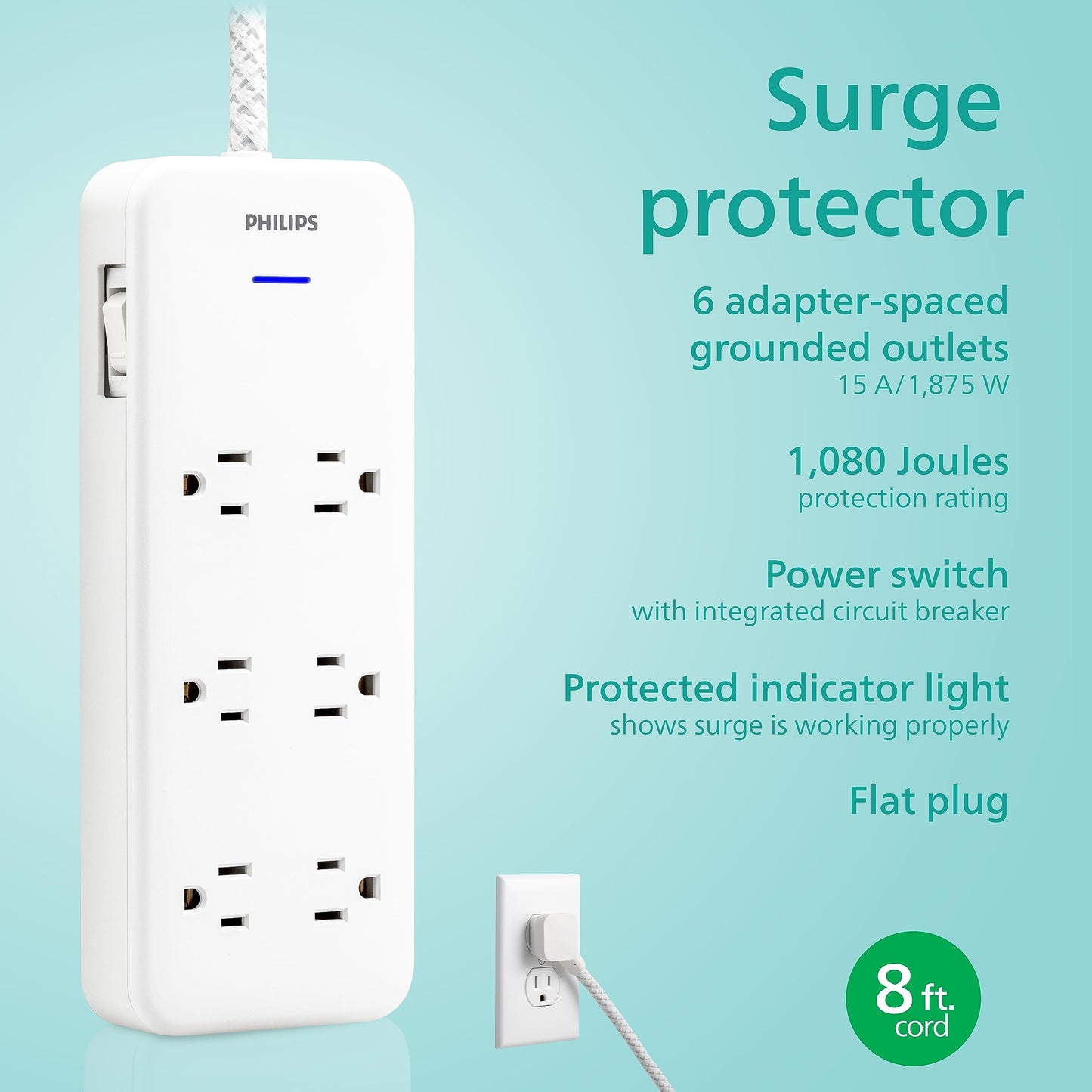 Philips 6-Outlet Surge Protector with Multiple Outlets, 8 Ft, Braided Cord,1080 Joules, Adapter-Spaced, White, SPC6066WB/37