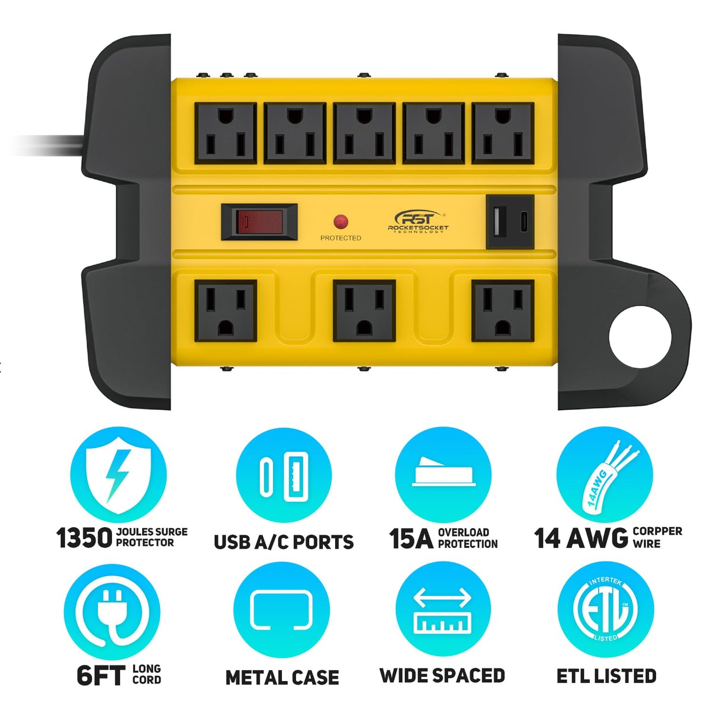 Heavy Duty Surge Protector Power Strip with 2 USB Ports, CRST 8-Outlet Metal Industrial Power Block with 15A Circuit Breaker, 6ft Extension Cord, 1350