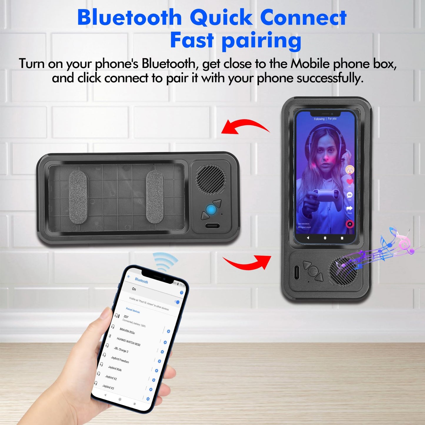 Wireless Bluetooth Speaker for Bathroom , Shower Phone Holder Speaker , Waterproof 360 Rotation Viewable Shower Phone Case Speakers for Bathroom Wall