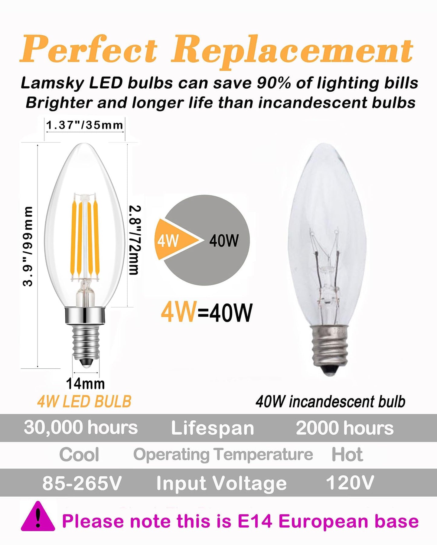 Lamsky E14 Base LED Filament Candle Shape Light Bulb,E14 European Base Bulb,Warm White 2700K 400LM 40W Equivalent,C35 Clear Glass Torpedo Shape Bullet