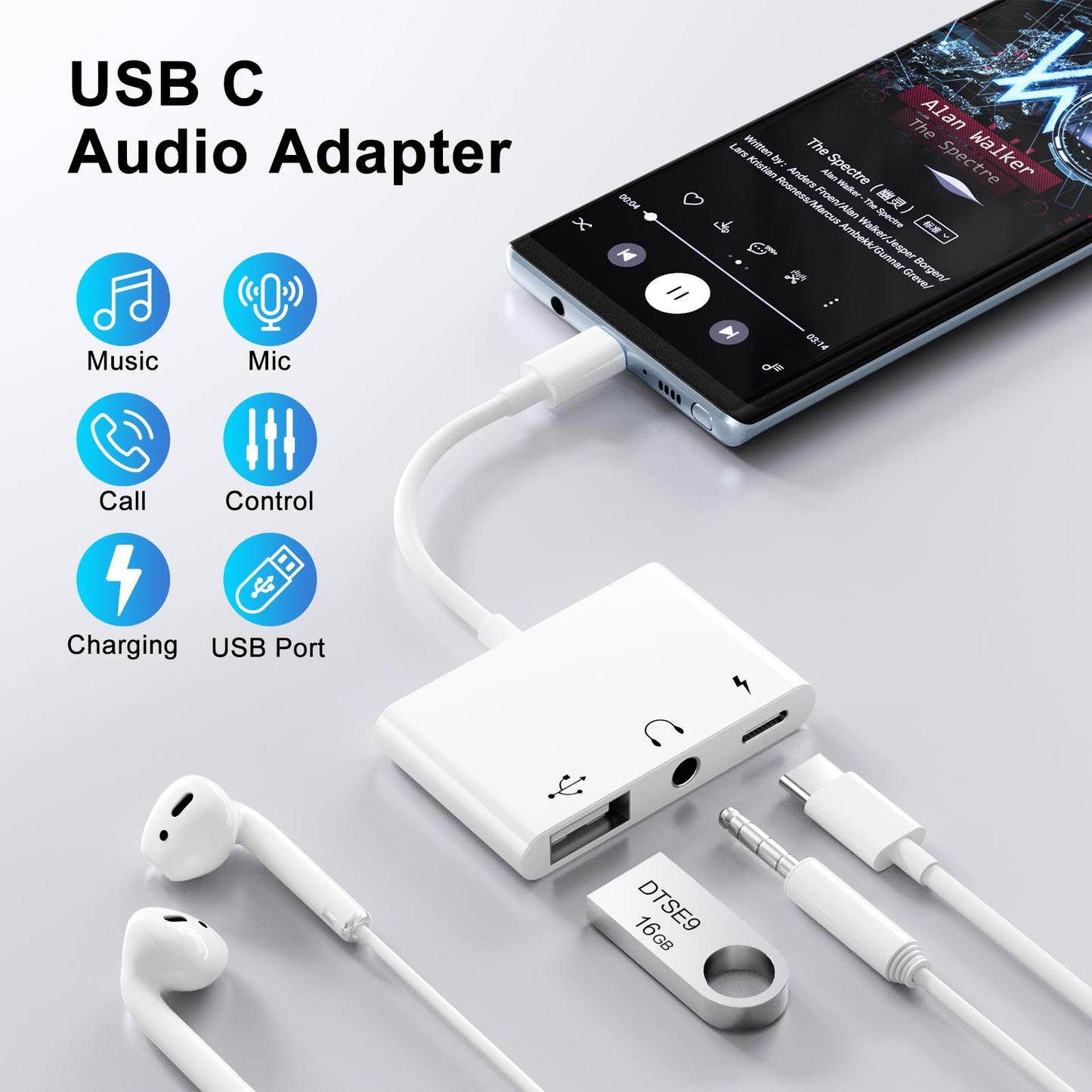 USB C to USB Adapter with 3.5mm Headphone Jack and 60W PD Fast Charging, OTG Cable Adapter, Type C to Audio Splitter for i-Phone 17/16/15 Sam-sung