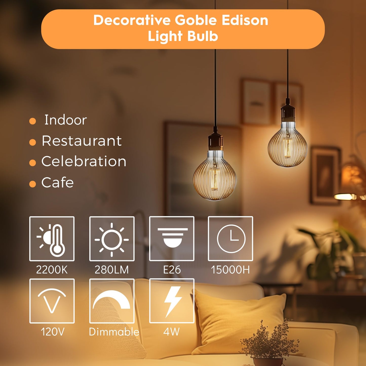 Harwez G125 LED Filament Bulb,4W Dimmable E26,2200K Amber Glass,1 Pack