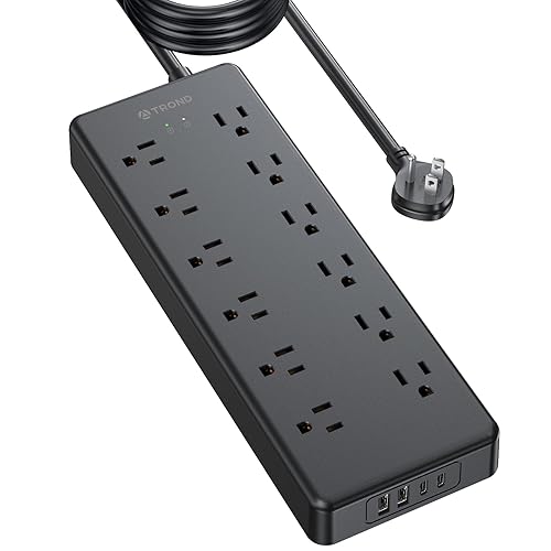 TROND Long Extension Cord 15 FT, ETL, Surge Protector Power Strip with 12 AC Outlets and 4 USB Ports, Flat Plug Power Strip, 4000J, Wall Mount