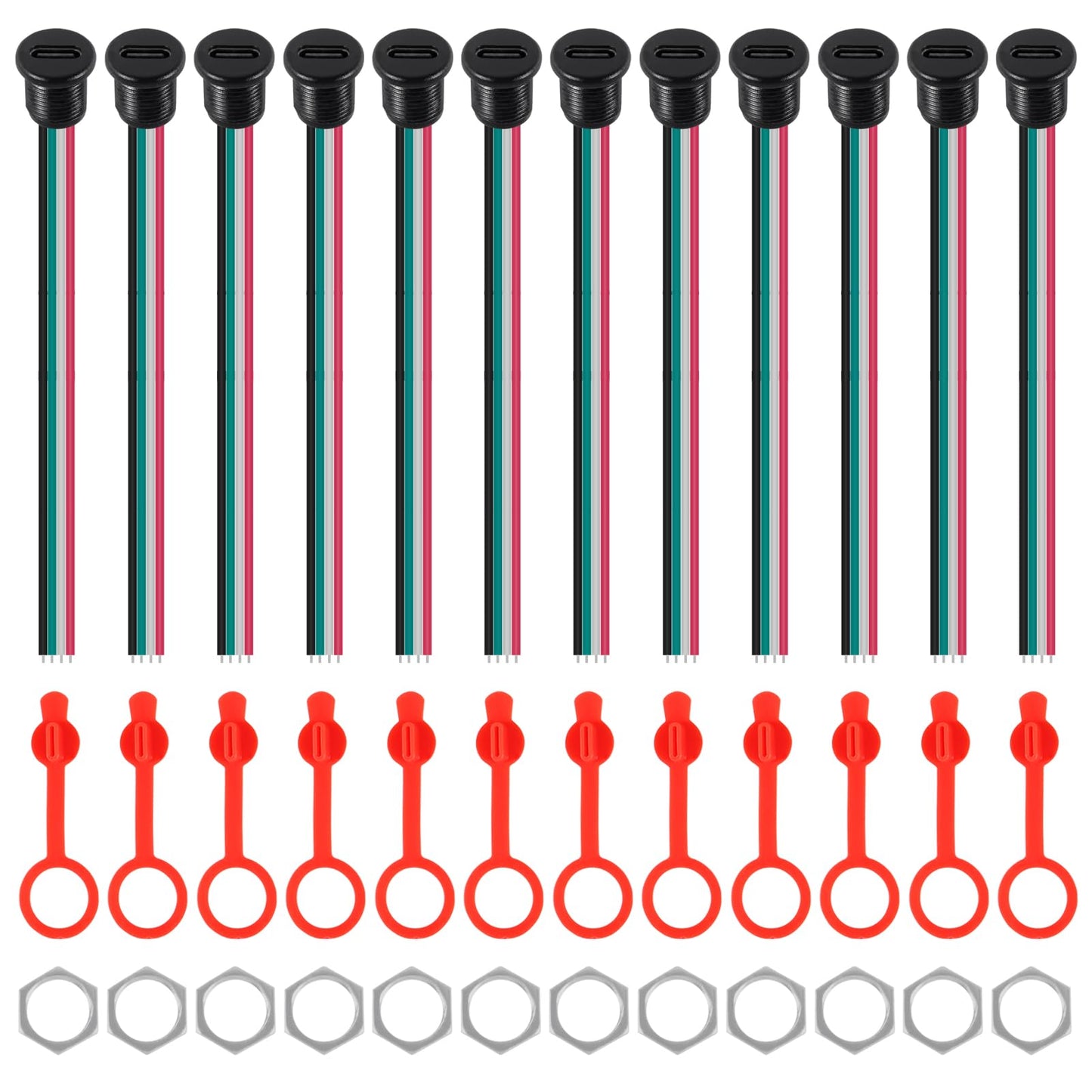 ACEIRMC 12pcs Type-C Female Chassis Waterproof 2P Wire Type USB C Pigtail Cable Extension Power Cable USB-C Plug to 2 Pin Bare Wire Open End Connector