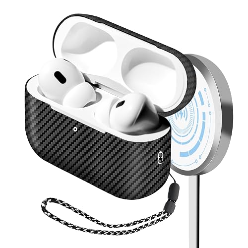 MONOCARBON Real Carbon Fiber Case for AirPods Pro 2nd Generation 2022 with Stripes Lanyard | Slim & Durable Cover for AirPods Pro 2 Accessories |