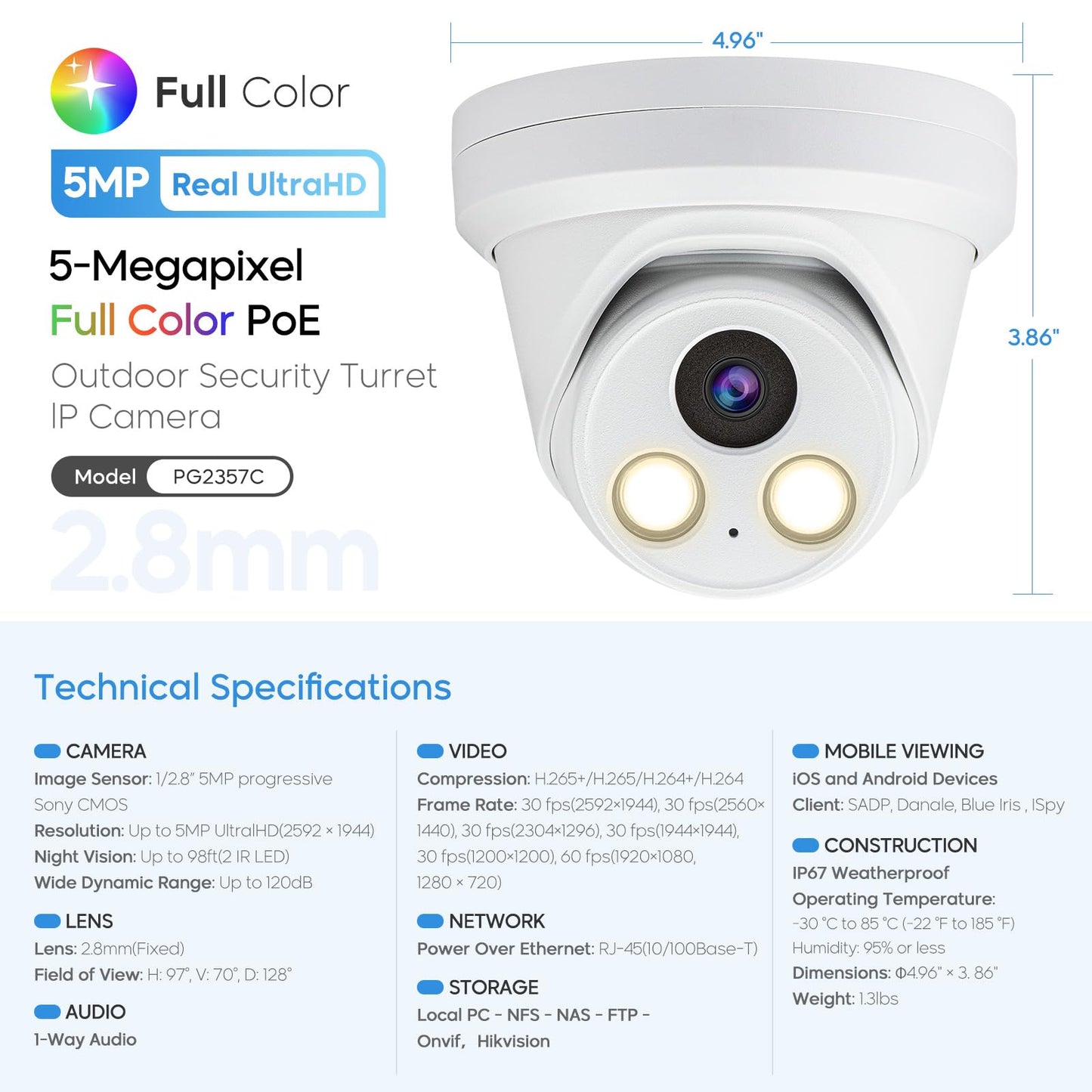 5MP Full Color PoE IP Camera, 2.8mm Lens 118° Wide Angle, F1.0 Aperture, 98.4ft Full Color Night Vision, Human/Vehicle Detection, Built-in Mic, Metal