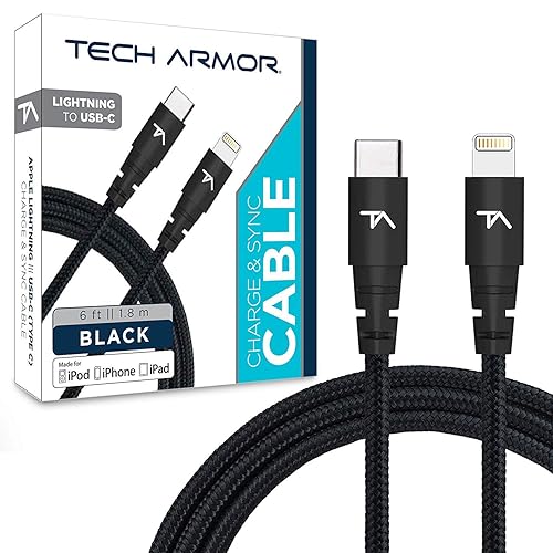Tech Armor Apple MFi Certified 6 FT USB C to Lightning Sync/Charge Cable Compatible with iPhone, iPad, MacBook and iPod, Supports Fast Charge (with…