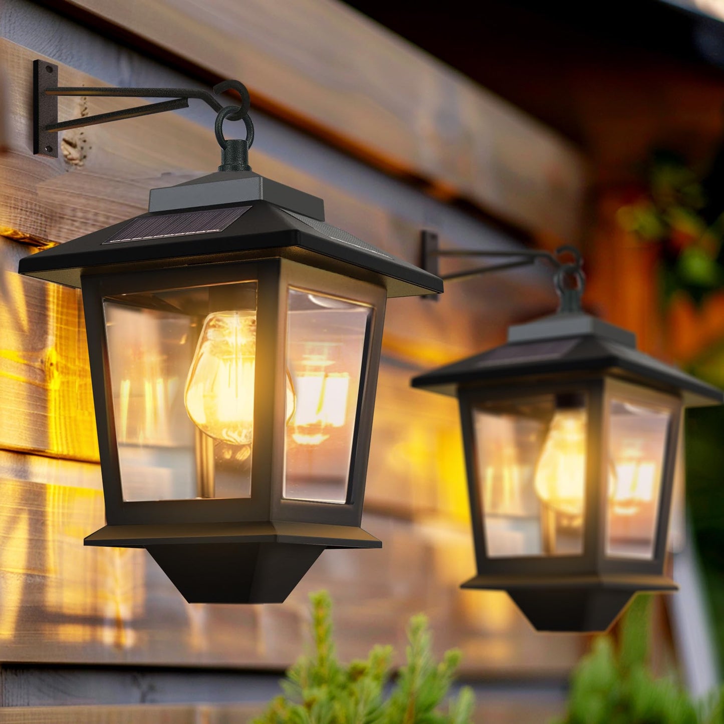 PASAMIC 2 Pack Solar Wall Lanterns,Outdoor Hanging Lights with 4 Solar Panels,Dusk to Dawn Led Outdoor Wall Sconce, Anti-Rust Waterproof Lanterns