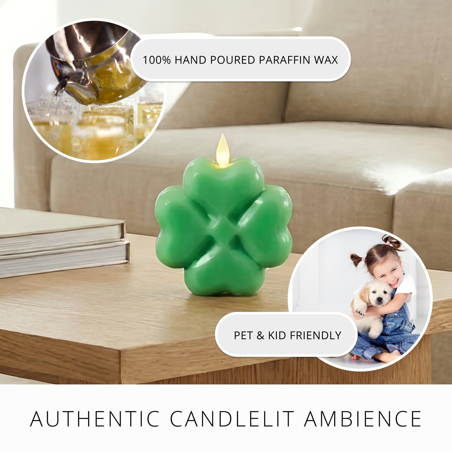 Luminara 4-Leaf Clover Candle - Flickering Real-Flame Technology- Flameless LED- Remote Ready- Classic Green St. Patrick's Day Shamrock- 3.9" x 4.3"