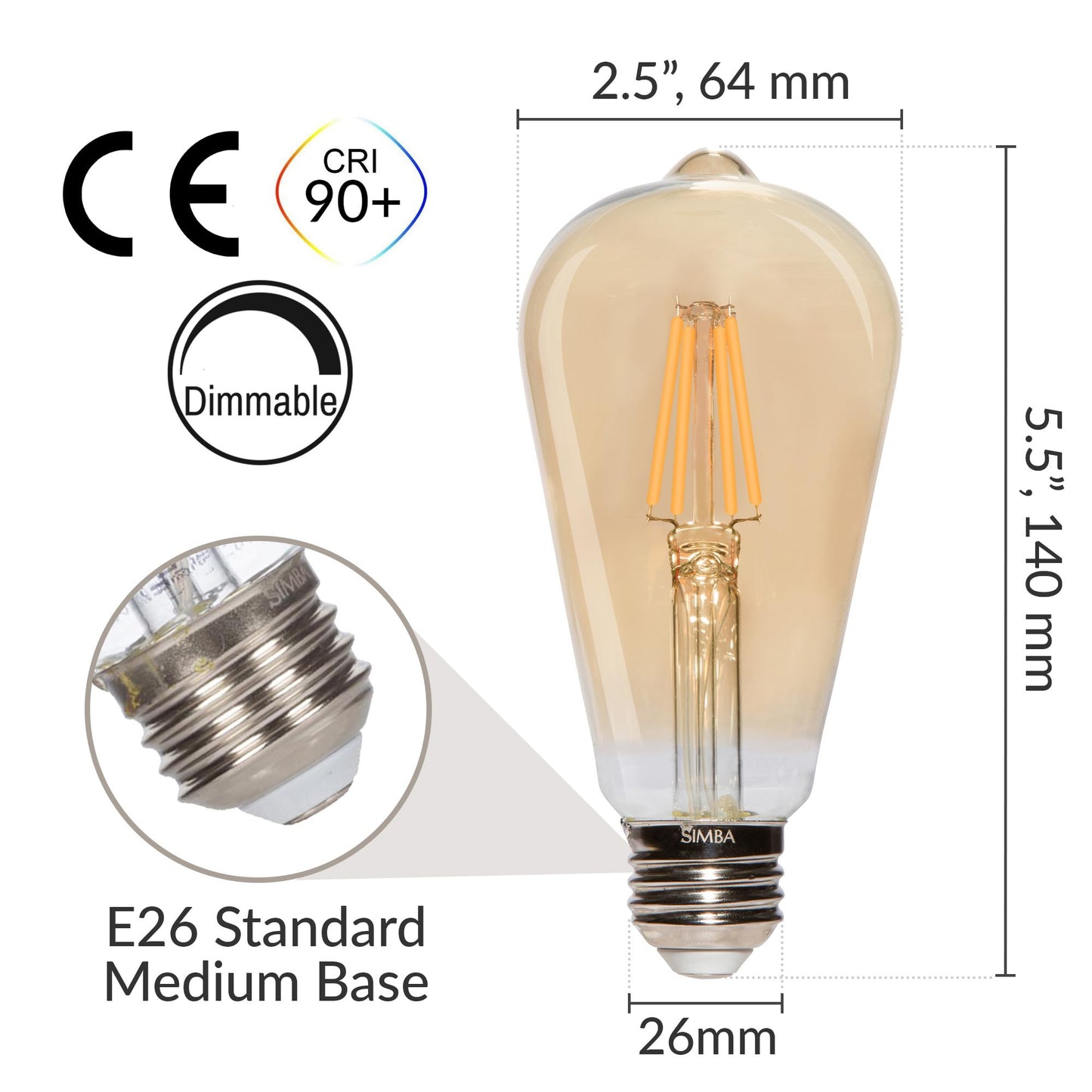 Simba Lighting LED Edison Vintage Filament ST21 6W Bulbs E26, 2200K, 6 Pack