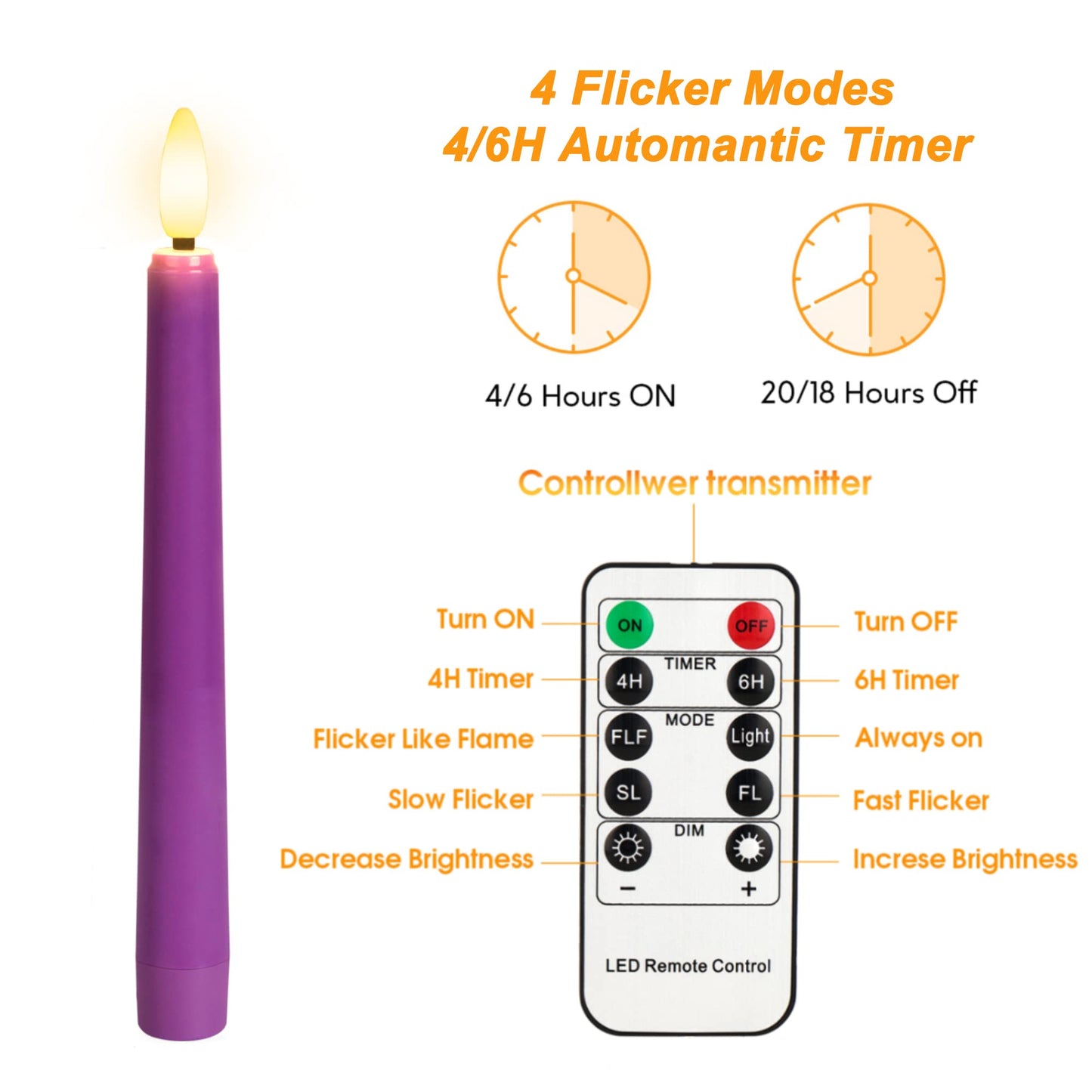 Yunsheng Flameless Advent Candles - Purple and Pink, 8 Inch Battery Operated LED Taper Candles with Remote Timer, 3D Wick Warm White Flicker Flame