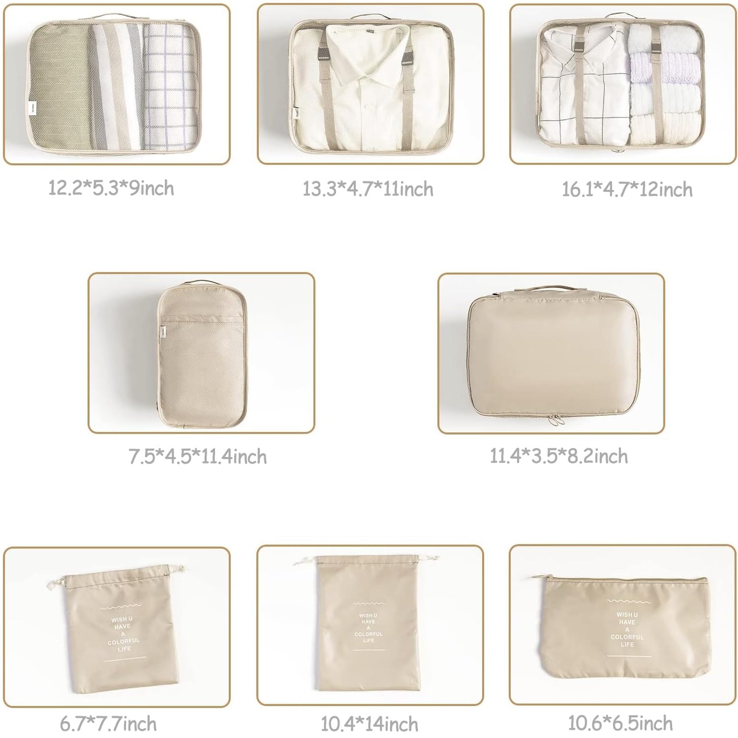 LANSKLBD 8-Piece Packing Cubes Set for Suitcases, Travel Luggage Organizers with Shoe, Toiletry & Laundry Bags, Essentials Kit