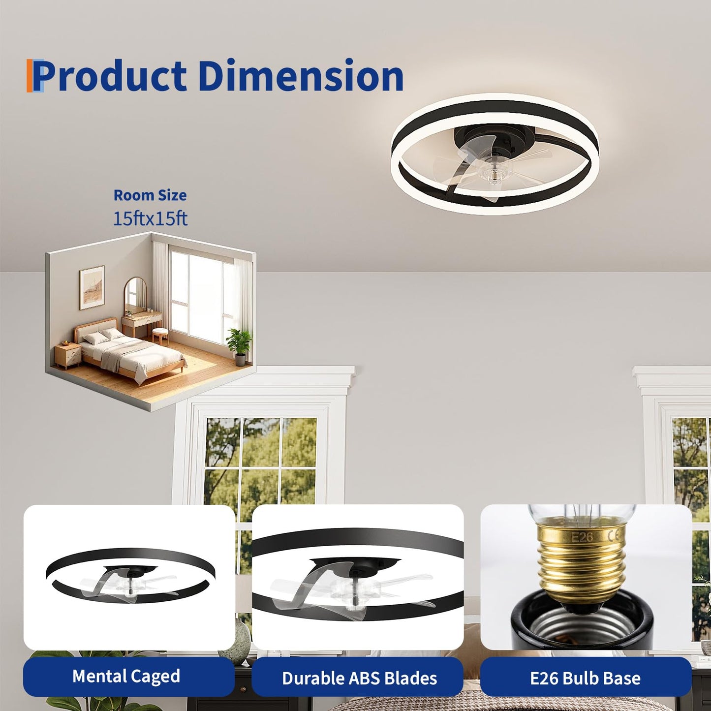 GarveeHome 20 Inch Fandelier Caged Ceiling Fans with Lights and Remote, 10%-100% Dimmable, Rustic Bladeless Ceiling Fan, Small Farmhouse Fan Lights