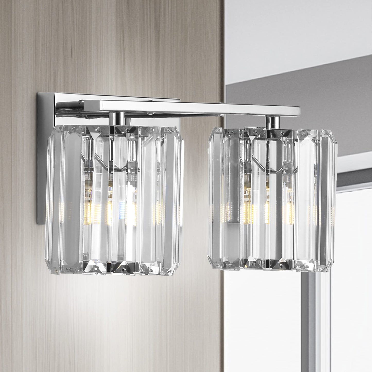 JONATHAN Y 4.75" Chrome 2-Light Vintage Glam LED Vanity Light Wall Sconce Fixture with Clear Crystal Prism Shade, Hardwired Wall Lamp for Bathroom