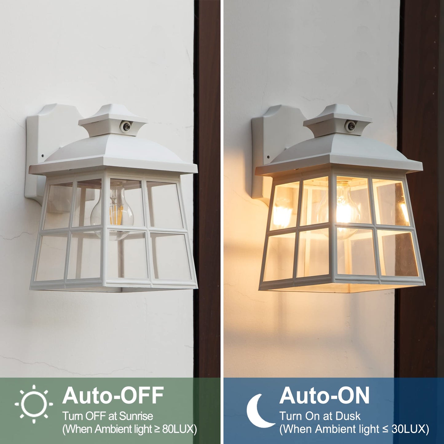 FUDESY Dusk to Dawn LED Outdoor Wall Lantern,White Plastic Photocell Sensor Porch Light with 8W 800LM Edison Filament Bulb,Exterior Wall Mount Light