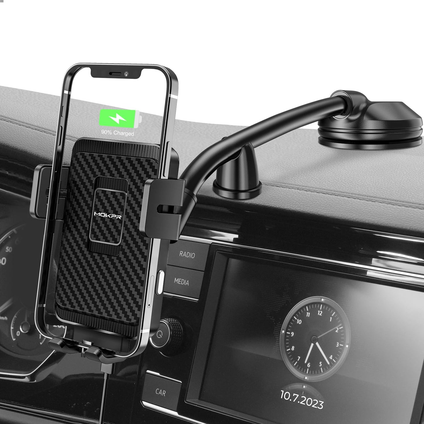 Wireless Car Charger, MOKPR 15W Fast Charging Car Mount Auto-Clamping Car Charger, Dashboard Windshield Phone Holder Compatible with iPhone 16