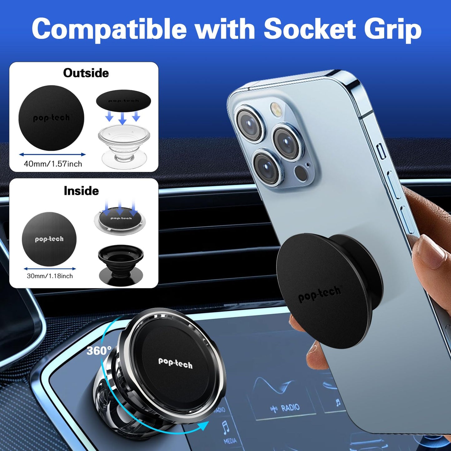 pop-tech Magnetic Car Phone Holder: Adhesive All-Metal Dash Mount for Mercedes Benz GLC/C/E/CLS-Class - Universal Magnet Cell Phone Automobile Cradles