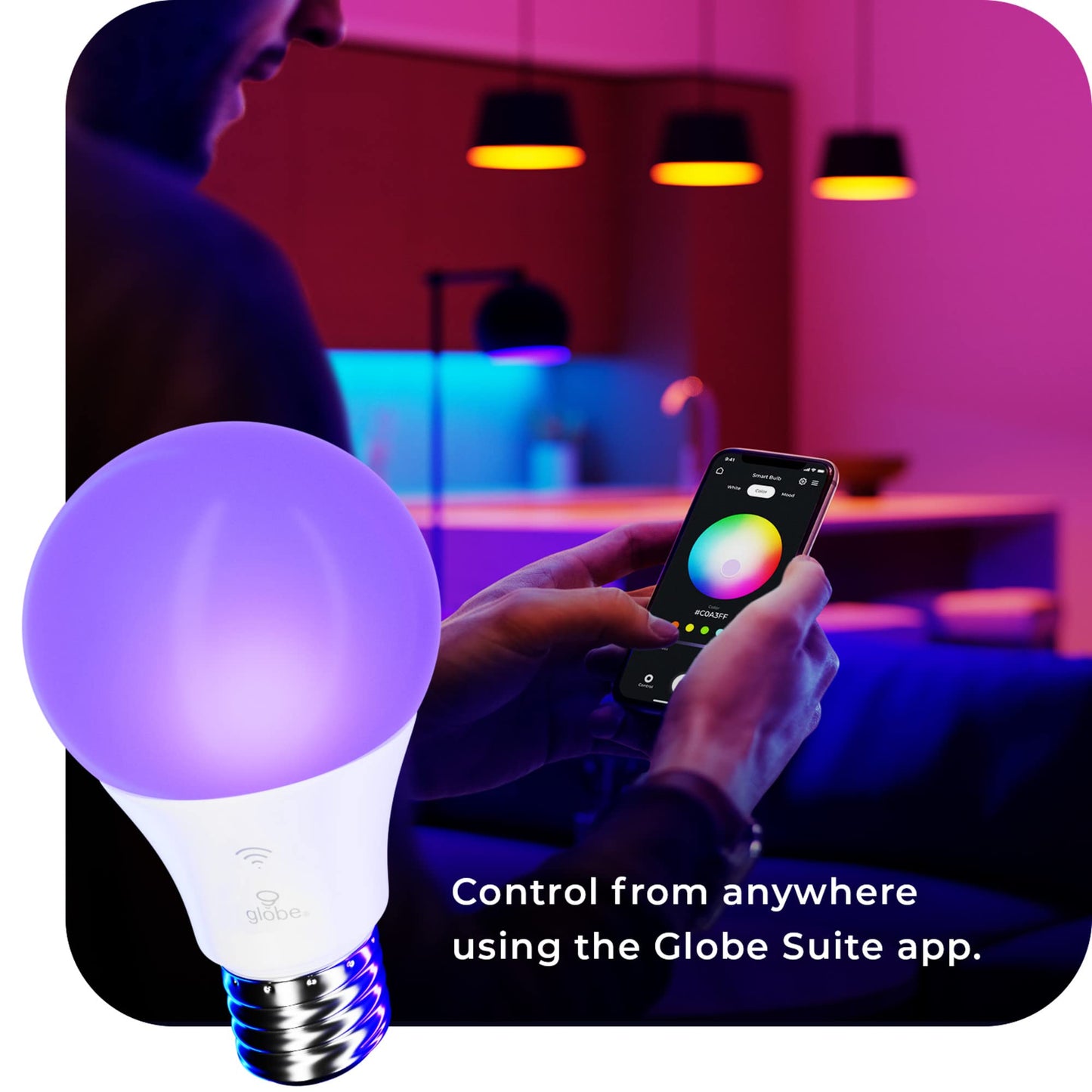 Globe Electric Wi-Fi Smart 10W LED Bulb, Multicolor RGB + Tunable White 2000K-5000K, A19 Shape, E26 Base, App + Voice Control, No Hub Required, 34212