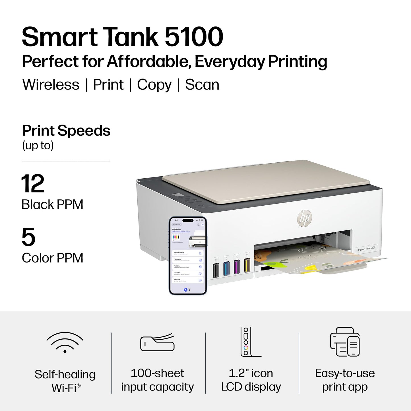 HP Smart Tank 5100 Wireless All-in-One Refillable Printer, Scanner, Copier with up to 3 Years of Ink Included, Best-for-Home, Cartridge-Free