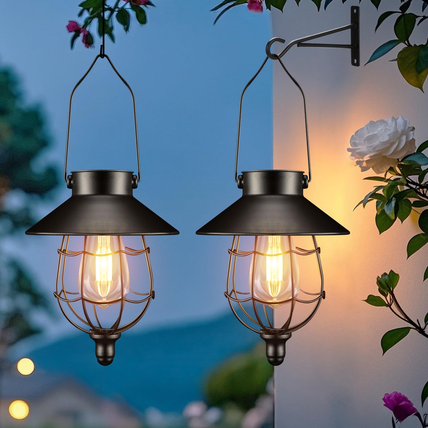 Solar Lanterns Outdoor Hanging Metal Vintage Lantern Warm White Solar Lights lamp Waterproof Edison Bulb Design for Pathway Garden Patio Yard Tree