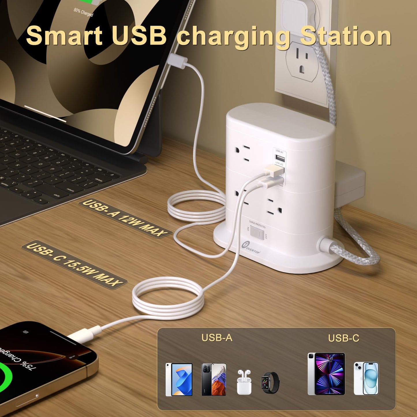 Overtop Tower Power Strip with Surge Protection, Nightlight Flat Plug Power Strip with 7 AC Outlets 3 USB Ports, 1625W/13A 1600J, 6.5Ft Extension Cord