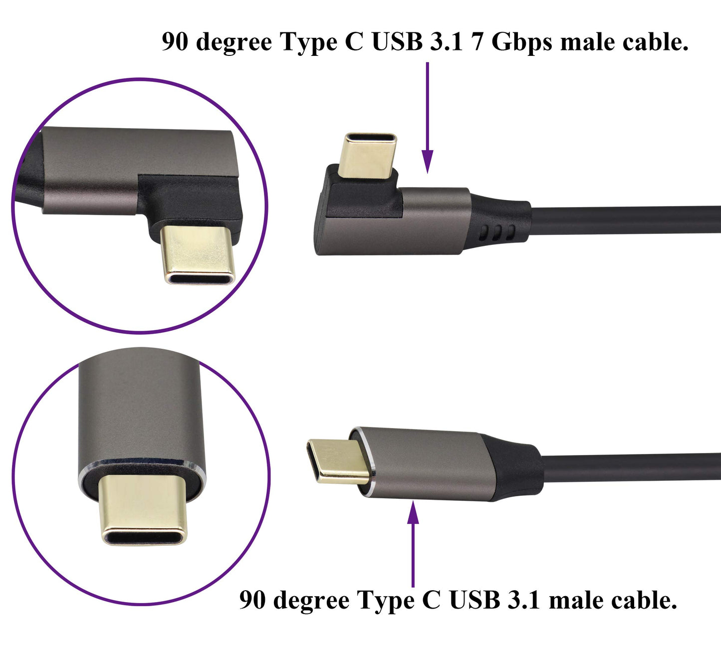 AAOTOKK 90 Degree USB 3.1 Type c to Type C Cable 60W&3A Right & Left Angled 3.1 USB Type C Male Extension Cable Supports Charging,Data,Audio,Video