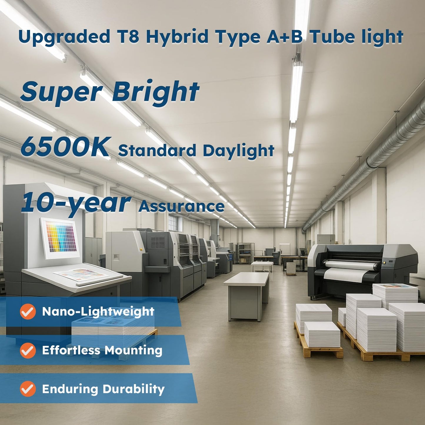 Madewell Living 10-Pack T8 LED Tube Lights 4ft, 48 Inch Fluorescent Replacement Bulbs 2000 Lumens, 6500K Daylight White Light, Hybrid Type A+B