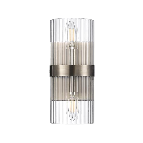 Globe Electric 65000046 2-Light Wall Sconce, Matte Brass, Ribbed Glass Shade, E12 Base Sockets, Wall-Lamp Dimmable, Lights for Bedroom, Kitchen