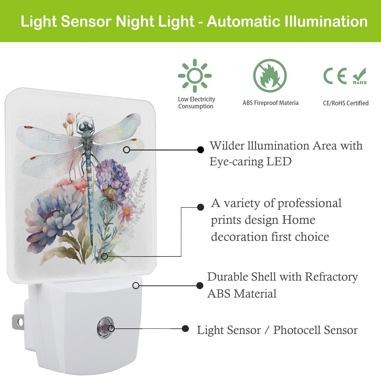 Floral Night Light,Dragonfly Watercolor Plug into Wall Nightlights with Dusk to Dawn Light Sensors for Bedroom, Bathroom, Hallway, Kitchen, Night