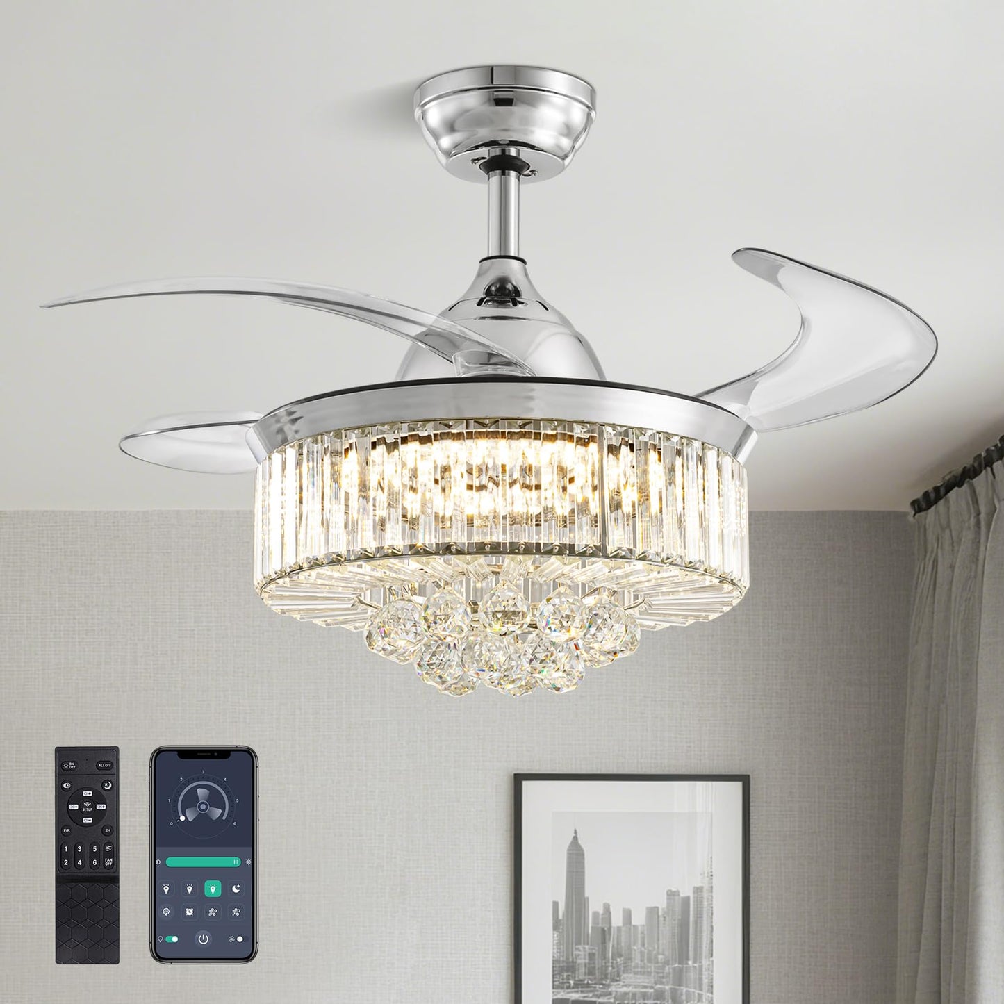 36" Fandelier, Crystal Ceiling Fan with Lights and Remote, Invisible Retractable Dimmable Chandelier Fan, 6-Speed Reversible Timer Ceiling Fan Light