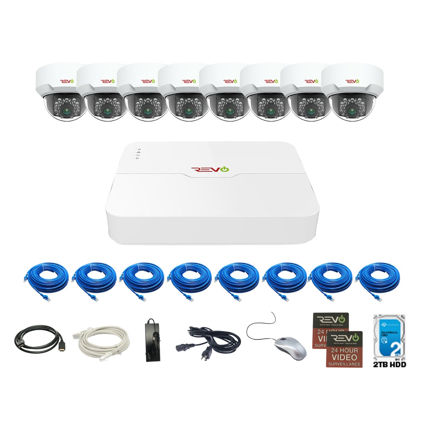 Revo America Ultra 8Ch. 2TB HDD 4K IP NVR Security System - Fixed Lens 8 x 4MP Mini Vadal Dome IP Cameras - Remote Access via Smart Phone, Tablet, PC