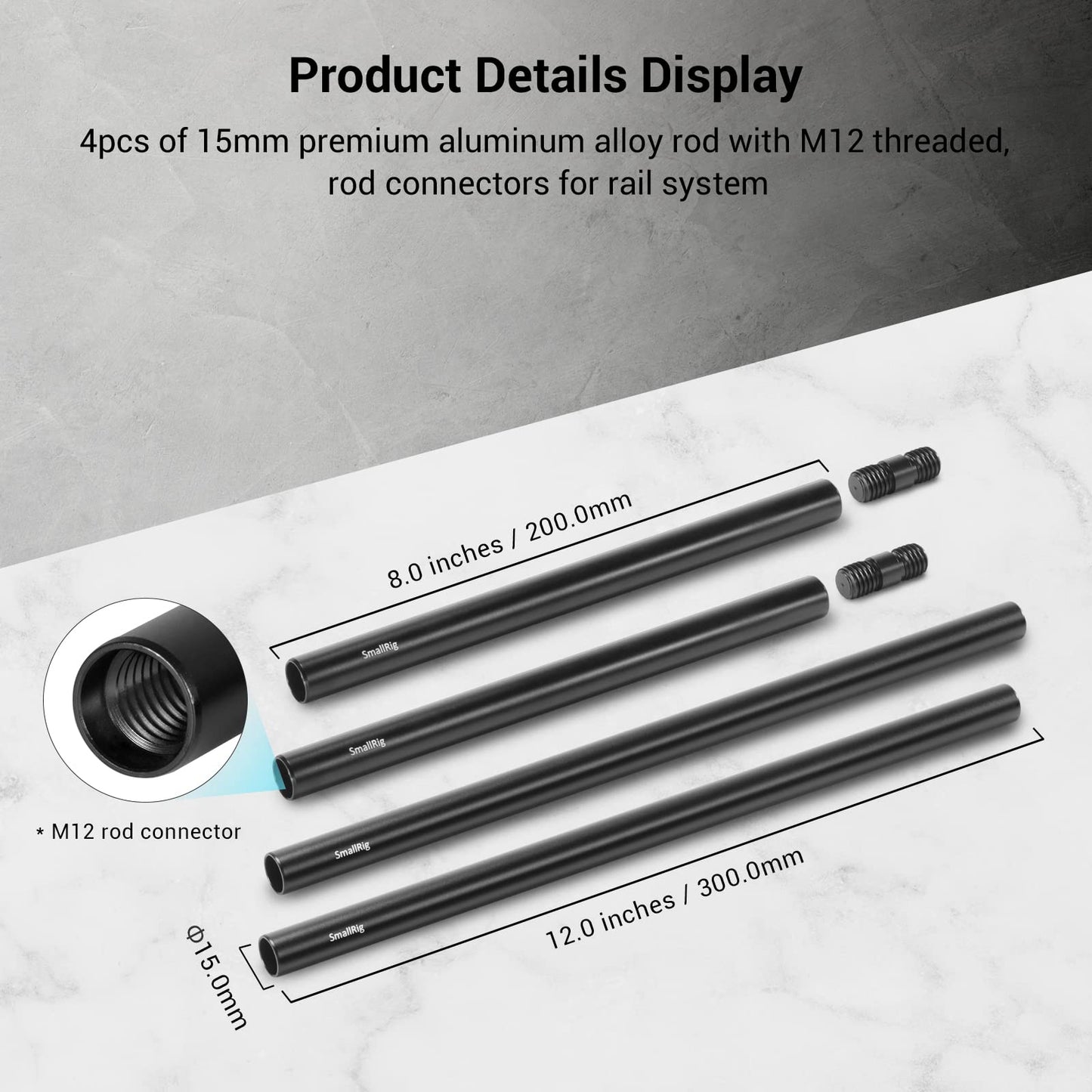 SMALLRIG 15mm Rods Pack with M12 Thread Rod Cap Connectors Aluminum Alloy Rods Combination for for Rig Mattebox Follow Focus 15mm Rod System - 1659