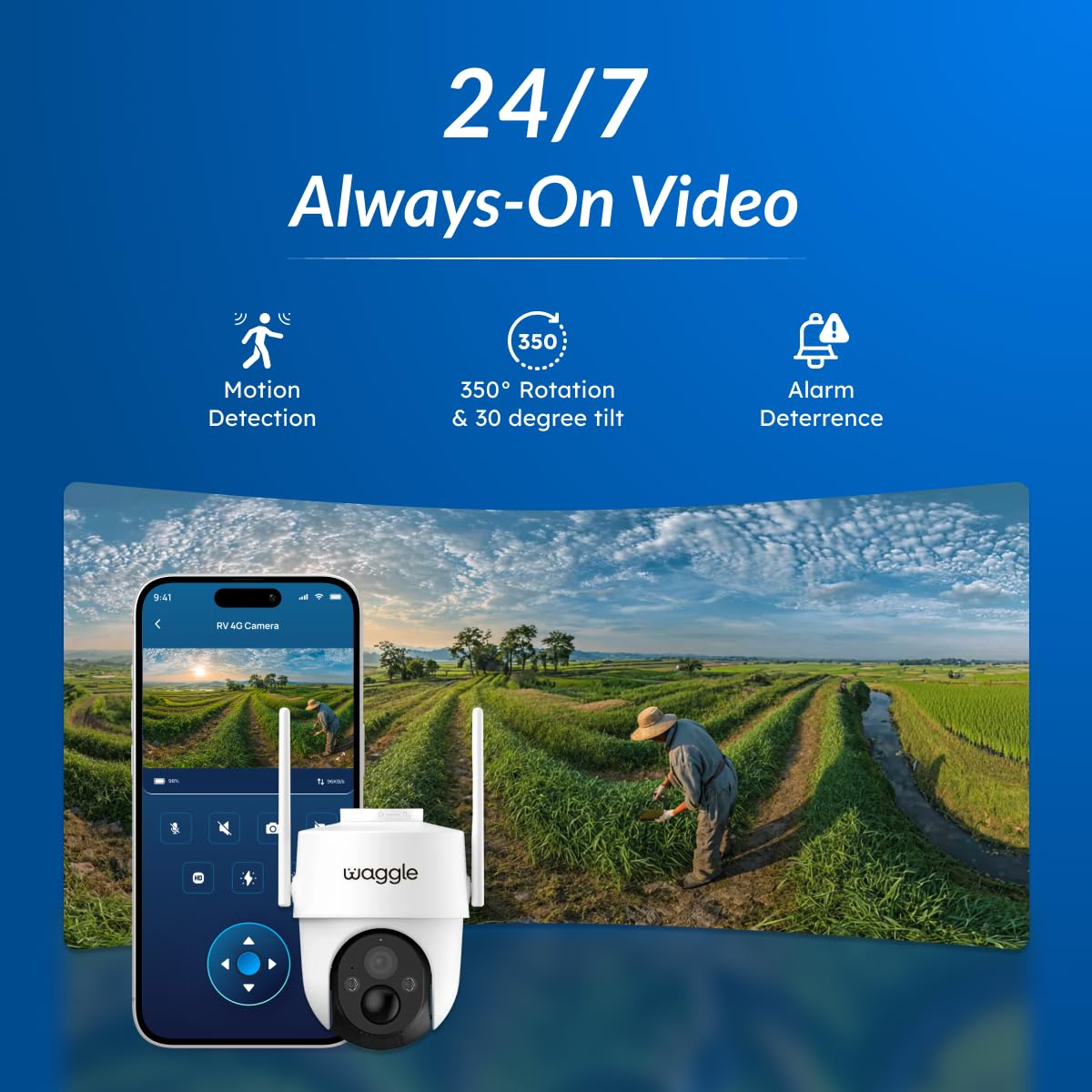 Waggle 4G LTE Cellular Security Camera Wireless Outdoor - 360° Live View, 2K Color Night Vision, PIR Motion Sensor, 2 Way Talk, Built in SIM Card
