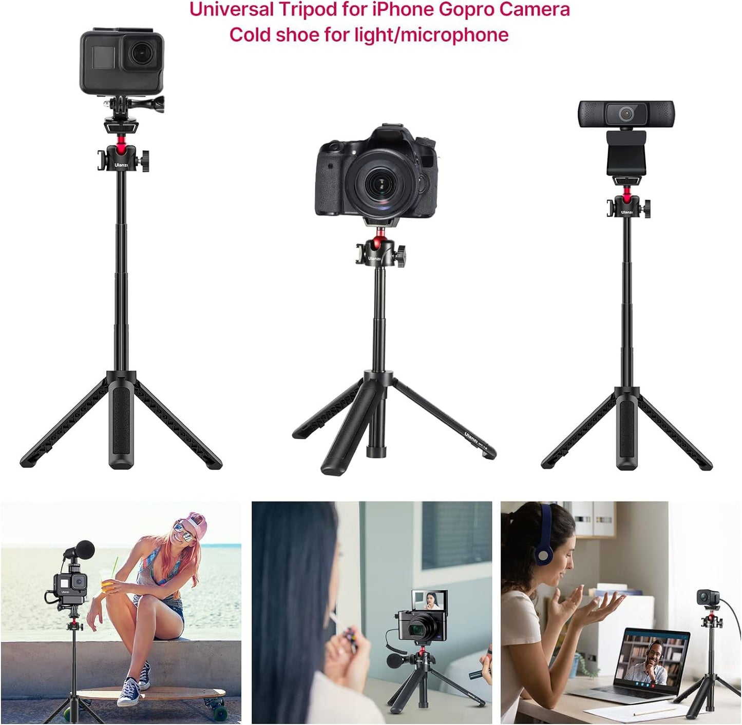 ULANZI MT-16 Extendable Mini Camera Tripod, 4 Levels Adjustment 360° Ball Head Cold Shoe Lightweight Portable Vlog Travel Selfie Stick Handle Grip