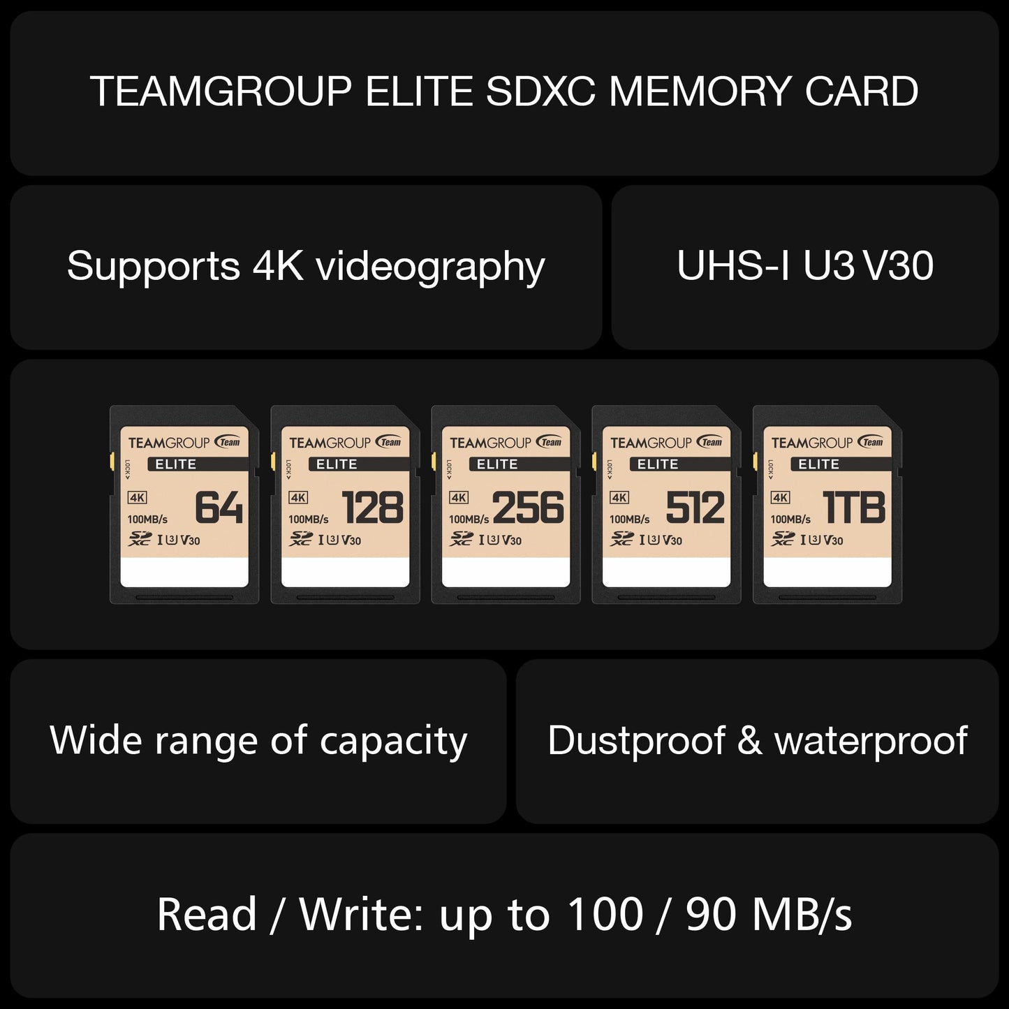 TEAMGROUP Elite 256GB UHS-I U3 V30 UHD Read Speed up to 100MB/s SDXC High Speed 4K Memory Card Compatible with Canon Sony Nikon Panasonic FUJIFILM