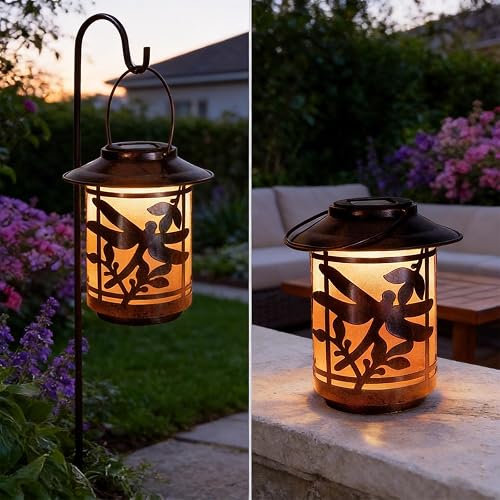 pearlstar Outdoor Solar Lanterns Waterproof Dragonfly Gifts for Mom Women Metal Solar Lantern for Garden Patio Courtyard Tabletop Outdoor Decor (1