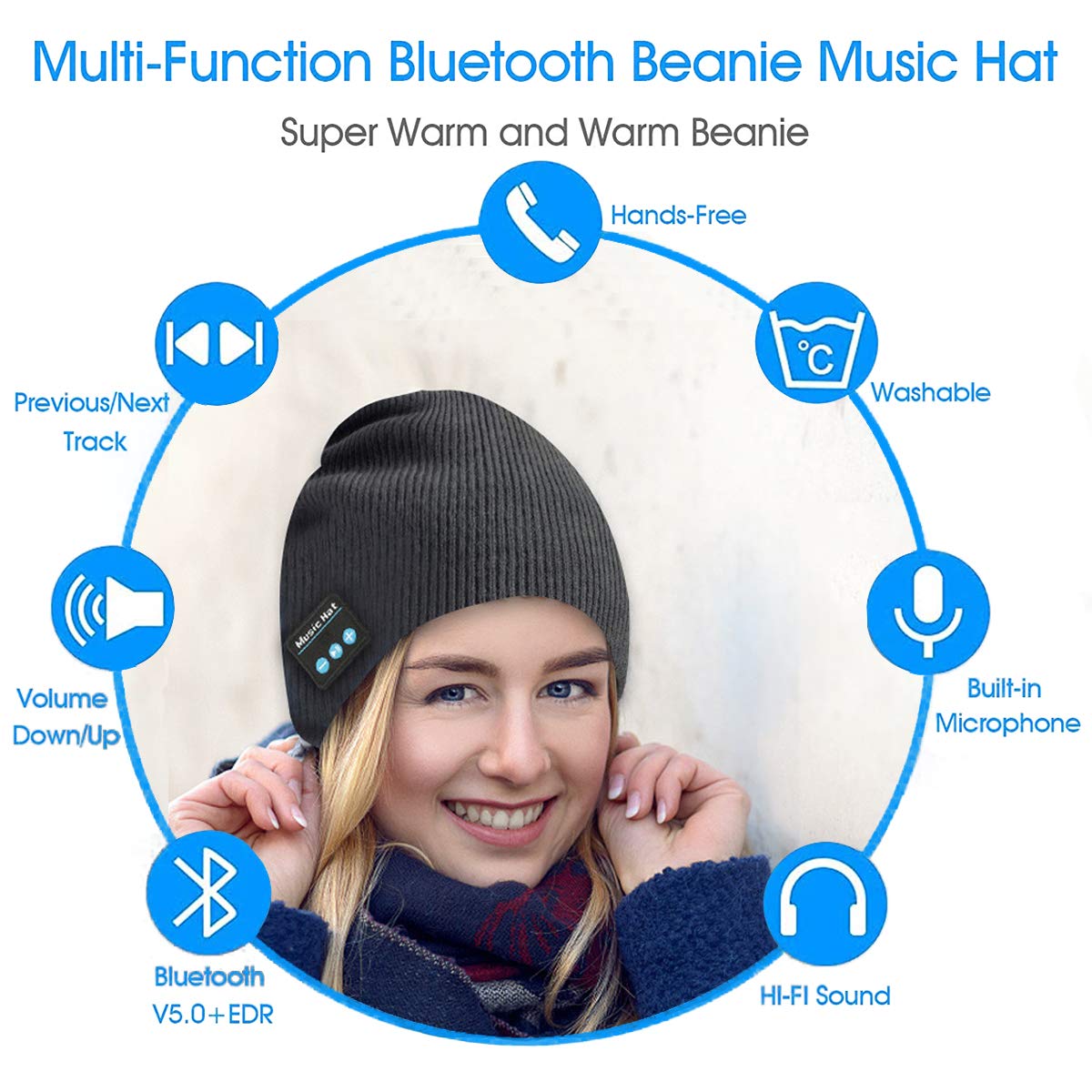 Bluetooth Beanie Hat Wireless Headphone Cap Music Soft Hat with Stereo Speakers,Winter Knit Hat Mic Hands-Free for Men Women Teenagers Sports Fitness…