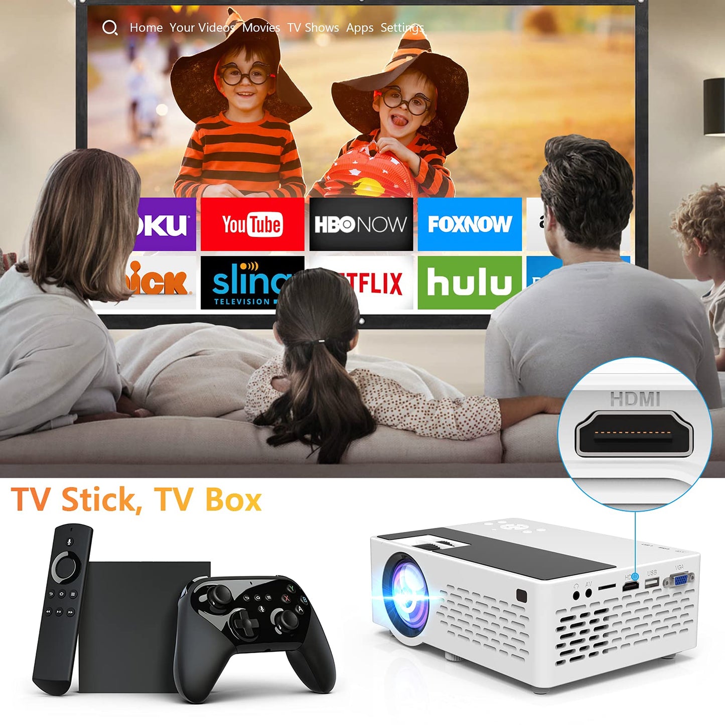 Aokang Projector, Mini Projector 1080P Full HD Supported, Portable Outdoor Movie Projector Compatible with Smartphone,TV Stick, PS4 & X-Box, PC