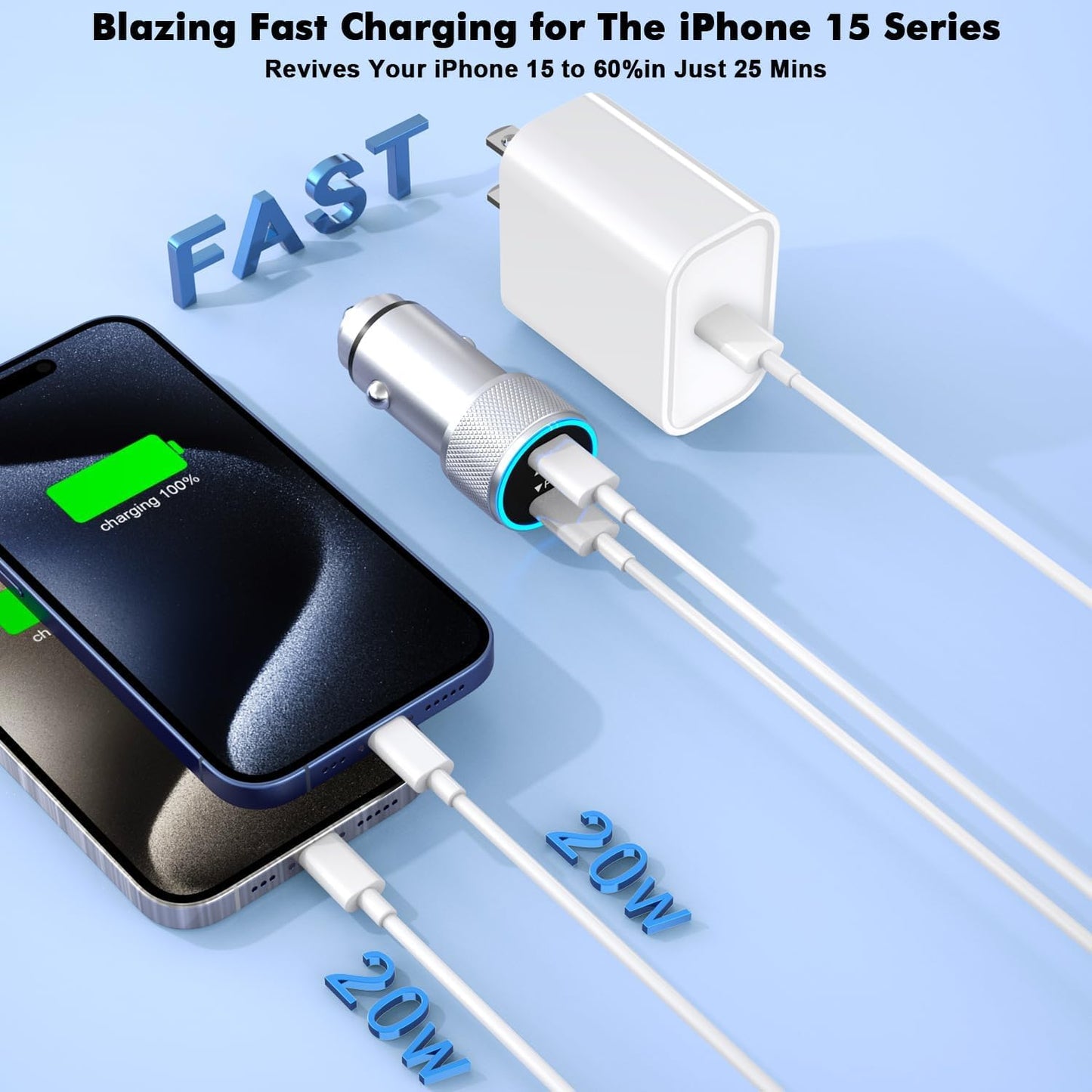 iPhone 17 16 15 Car Charger, 20W Dual Port USBC Fast Car Charger with 20W PD Type C Adapter + 2Pack 3FT USB C to C Charging Cable Fast Charging