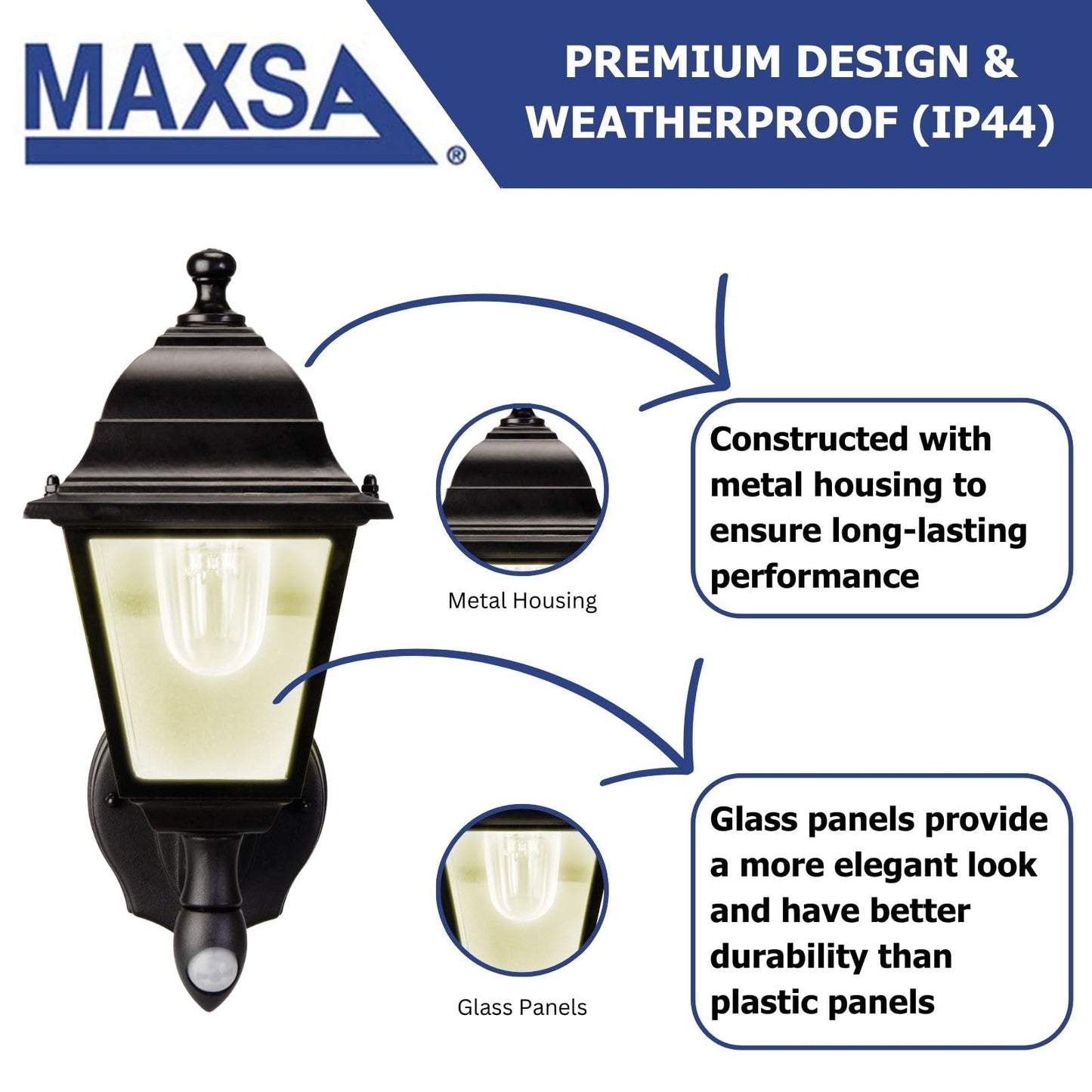 Maxsa 43319 Premium Battery-Powered Motion-Activated Decorative Outdoor Warm White LED Wall Sconce Lighting Fixture, Metal Housing, Black