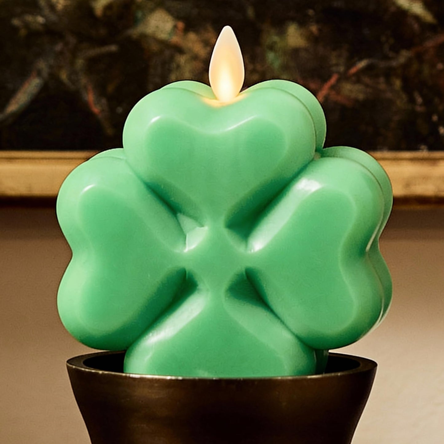 Luminara 4-Leaf Clover Candle - Flickering Real-Flame Technology- Flameless LED- Remote Ready- Classic Green St. Patrick's Day Shamrock- 3.9" x 4.3"