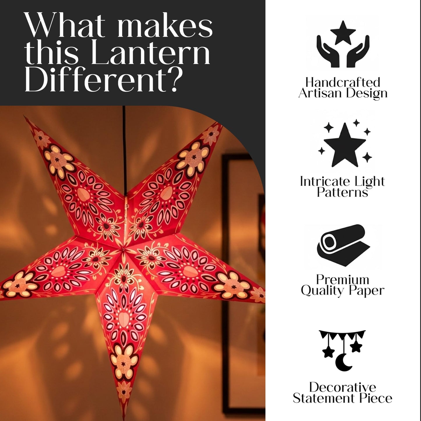 Om Gallery Paper Starlight 24 Inch - Handcrafted Hanging Star Lantern with 100% Recycled Material - Large Paper Star Lamp with 12-Foot UL Approved