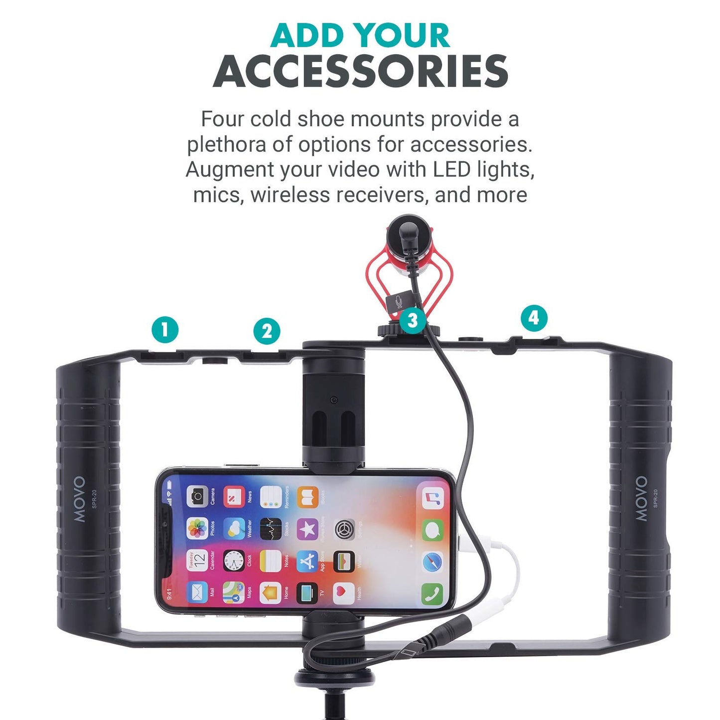 Movo SPR-20 Foldable Smartphone Video Rig Cage with Cold Shoe Mounts for Microphone or LED Light - Vlogging Mount Compatible with iPhone, Android