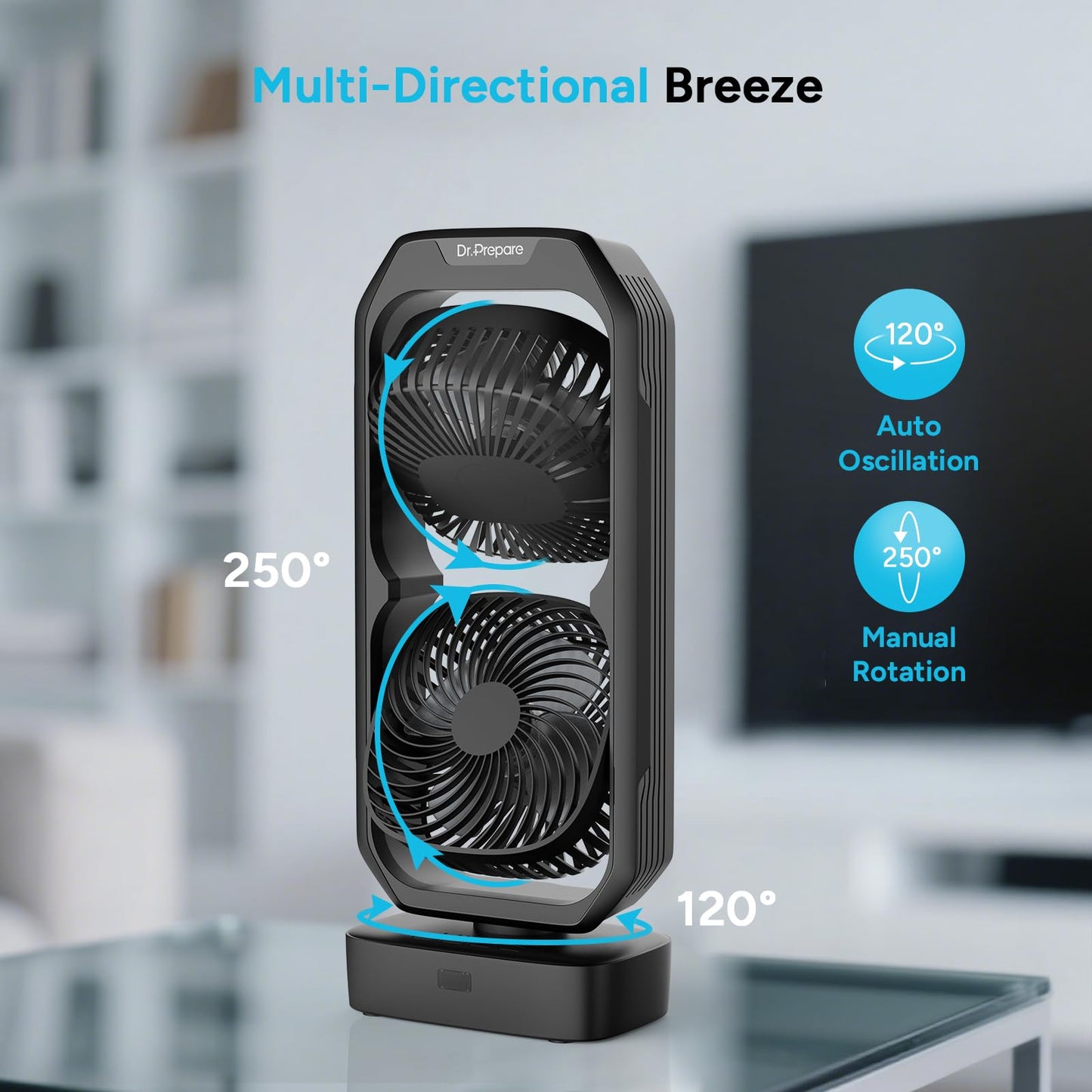 DR.PREPARE Small Oscillating Tower Fan with Remote, Rechargeable Battery Powered Desk Fan for Bedroom, 250° Tilt, 8H Timer, 3 Speeds, Portable Table