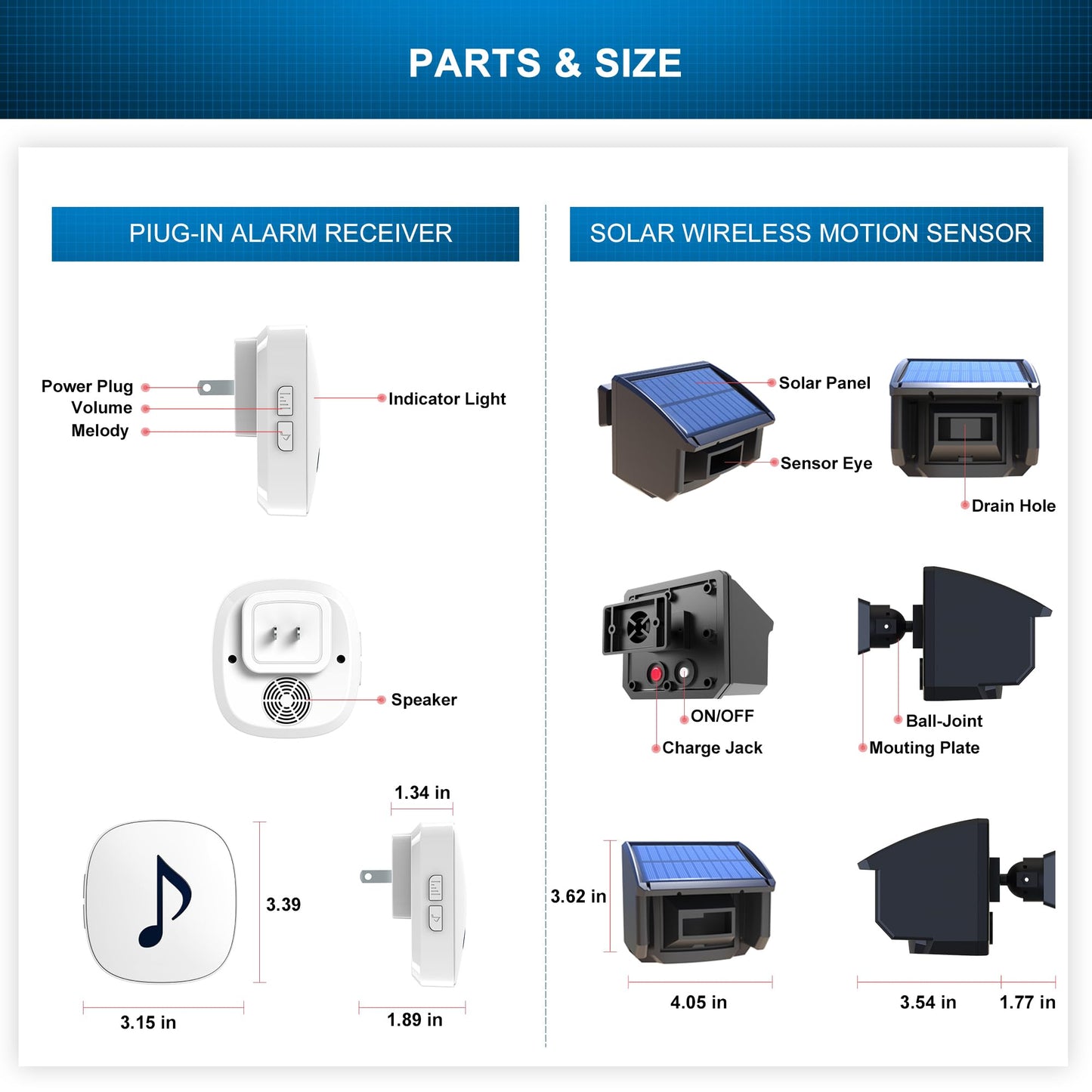 Htzsafe Solar Wireless Driveway Alarm System-1/4 Mile Long Transmission Range-Solar Powered No Need Replace Batteries-Outdoor Weatherproof Motion