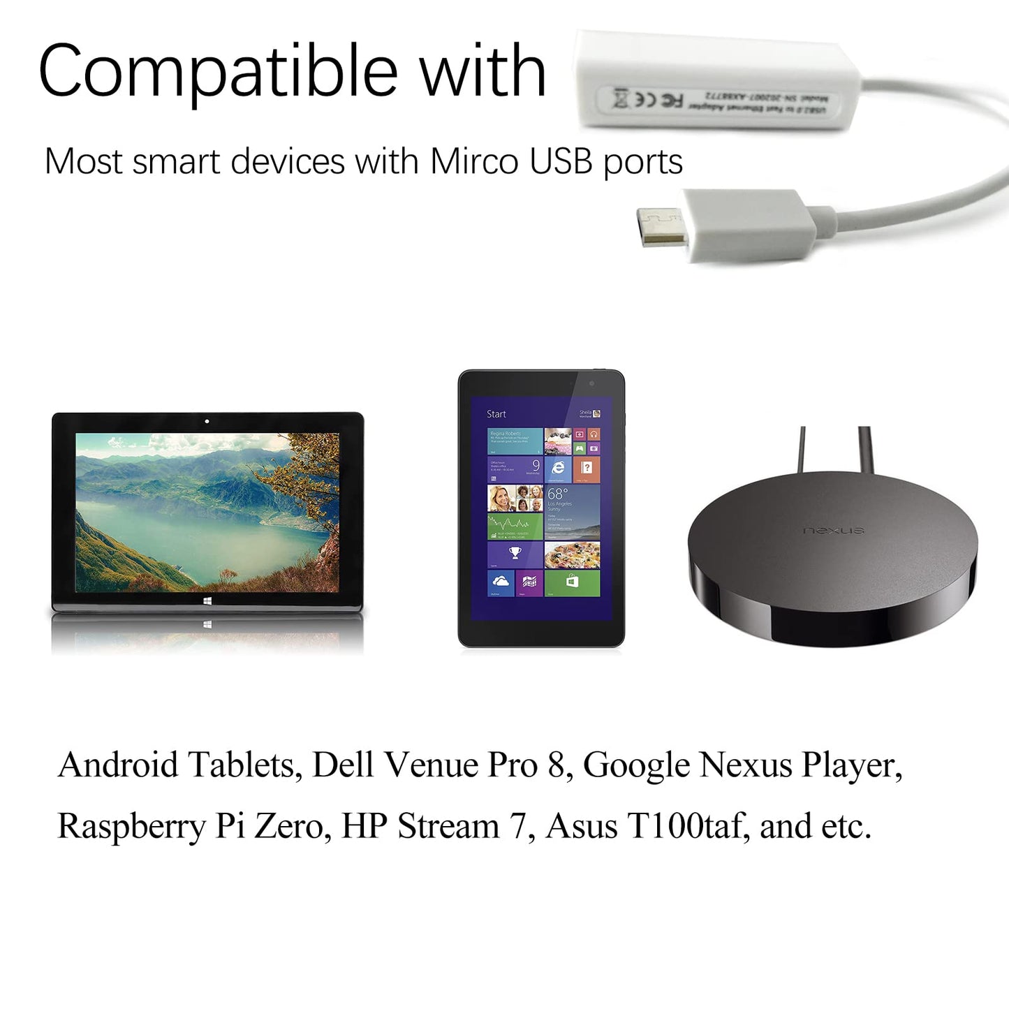 Micro USB to RJ45 Ethernet Adapter for Android Tablets, Windows Tablet Computer, Google Nexus Player, Dell Venue Pro 8 Tablet, Raspberry Pi Zero, HP