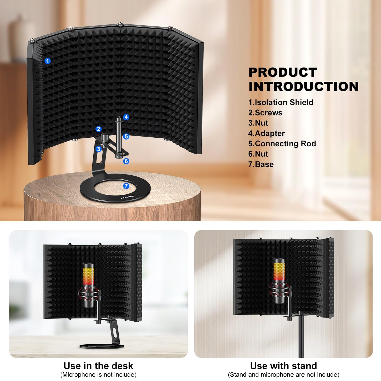 Aokeo Microphone Isolation Shield, Foldable Mic Shield with Triple Sound Insulation, Reflection Filter with 3/8" and 5/8" Mic Threaded Mount for