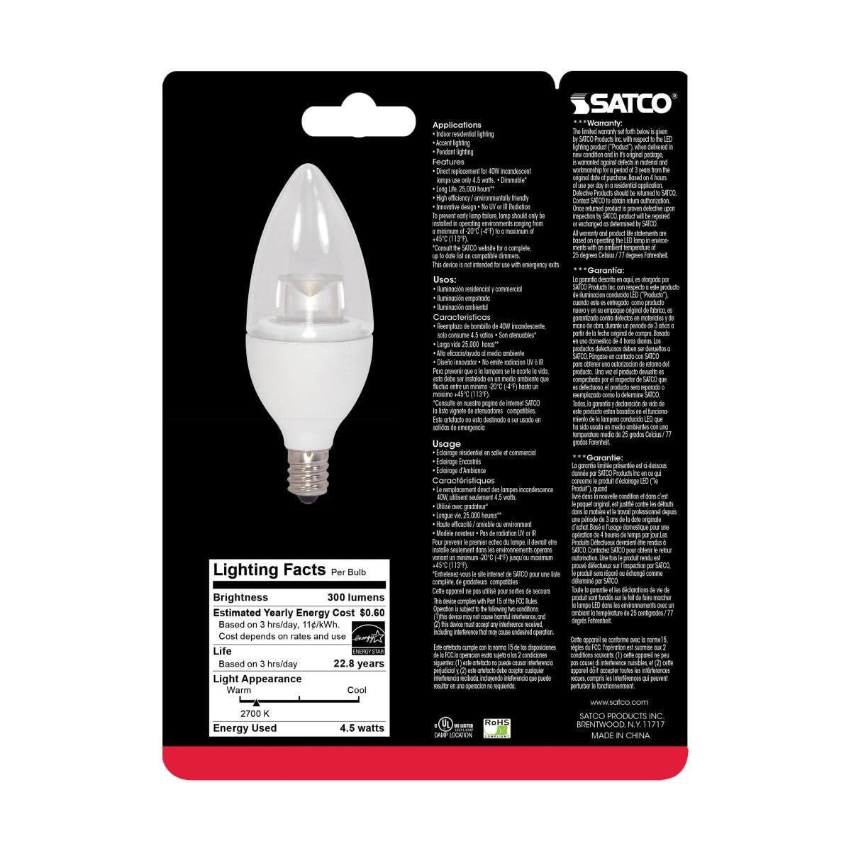 SATCO S8951 4.5 Watt LED Light Bulb, B11 Candle Shape, 2700K Warm White, 300 Lumen, E12 Candelabra Base, 120 Volt, Dimmable (6 LED Light Bulbs)