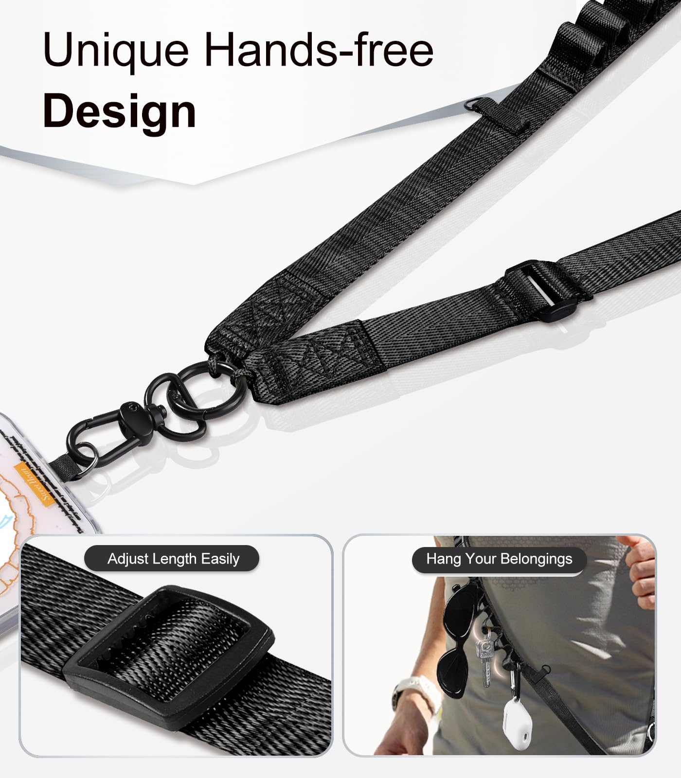 TiMOVO Clip and Go Phone Strap with Leather Wallet, Phone Lanyard Crossbody with Detachable Zippered Pouch Adjustable Strap for Phones, Black